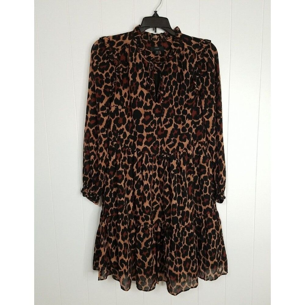 J Crew Dress Womens XXS Brown Black Animal Print Chiffon Ruffle Lightweight
